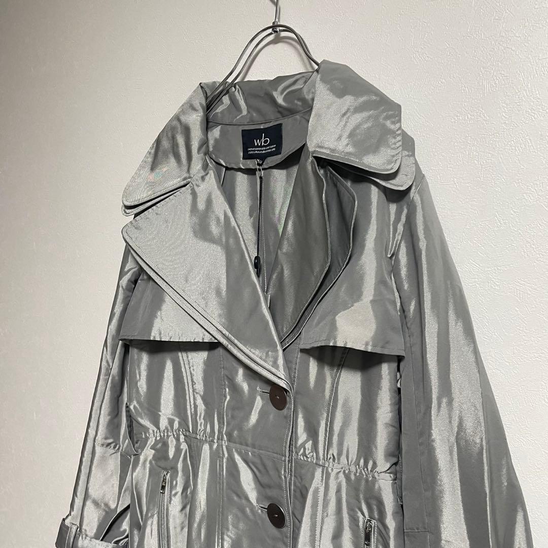【ビギ　bw】【L】40 ロングコート　光沢　高級　タグ付　シルバー　美品