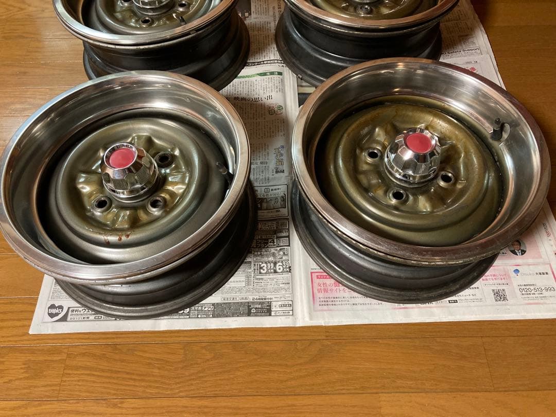 【旧車】14インチ 6J 114.3 鉄チンホイール リング キャップ付き深リム