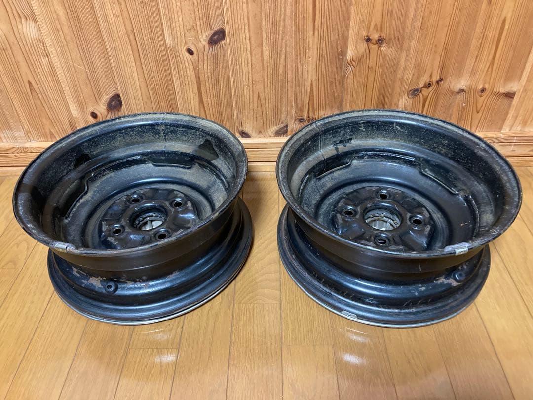 【旧車】14インチ 6J 114.3 鉄チンホイール リング キャップ付き深リム