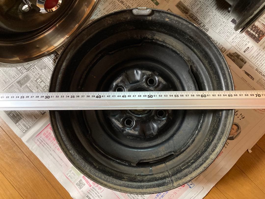【旧車】14インチ 6J 114.3 鉄チンホイール リング キャップ付き深リム