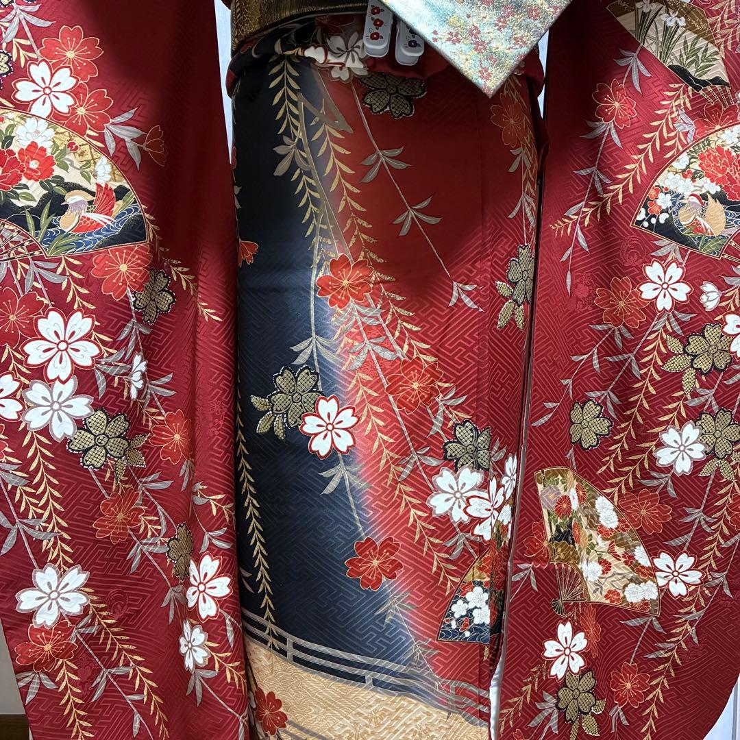 【振袖・長襦袢セット】豪華古典振袖 赤地 金彩金駒刺繍 扇面四季花紋