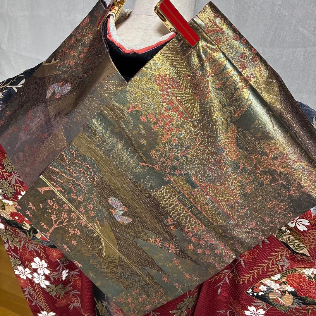 【振袖・長襦袢セット】豪華古典振袖 赤地 金彩金駒刺繍 扇面四季花紋