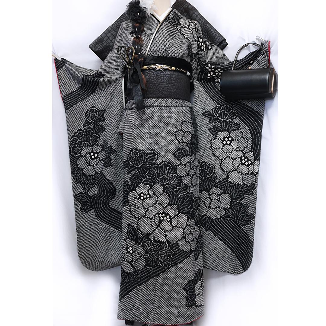 【美品！】総絞り◆ 162cm振袖6点セット ◆フルセット黒白モノトーンNY39
