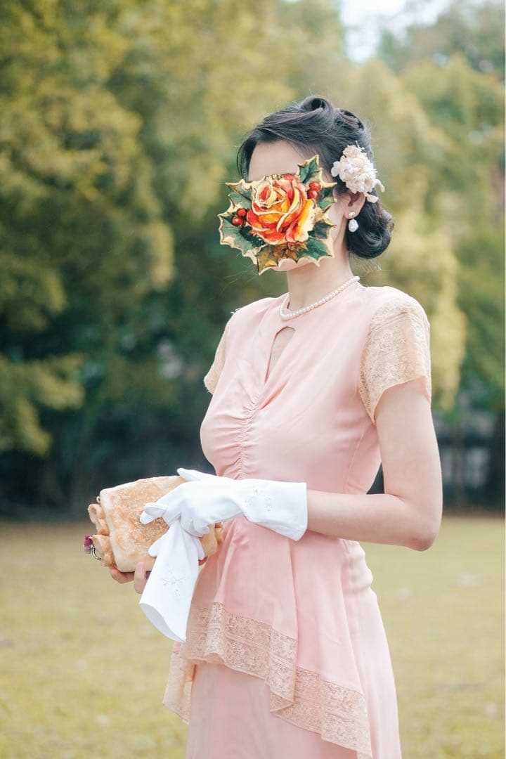 40s Vintage ピンク ひざ丈ぺプラムワンピース