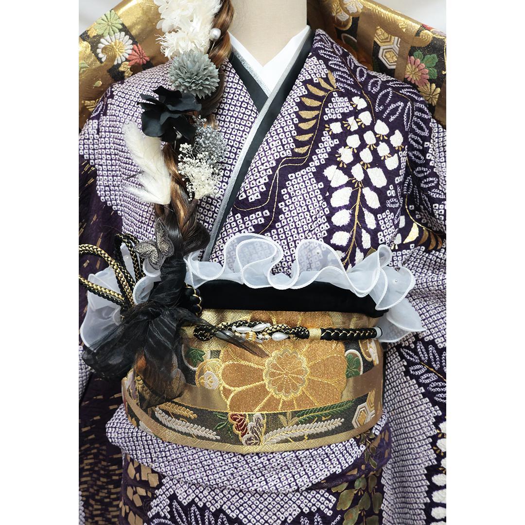 総絞り◆ 難あり品◆ 振袖と帯セット ◆紫 パープル11Pp