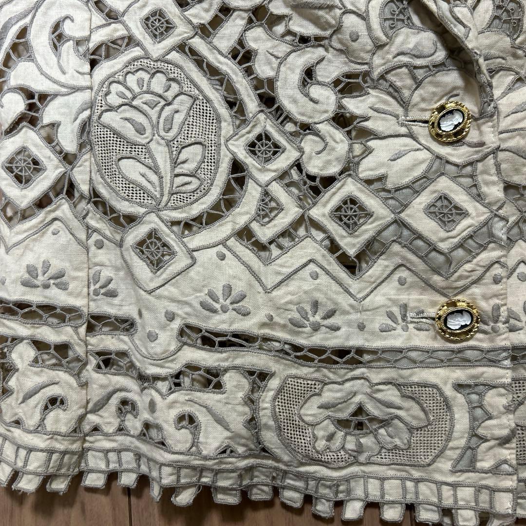 バテンレース　レース刺繍　ジャケット　麻100% 13号　ヴィンテージ