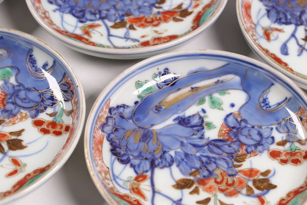 古伊万里 色絵小皿 五客 12cm 草花蝶牡丹 錦手 染錦 金彩 手塩 M858