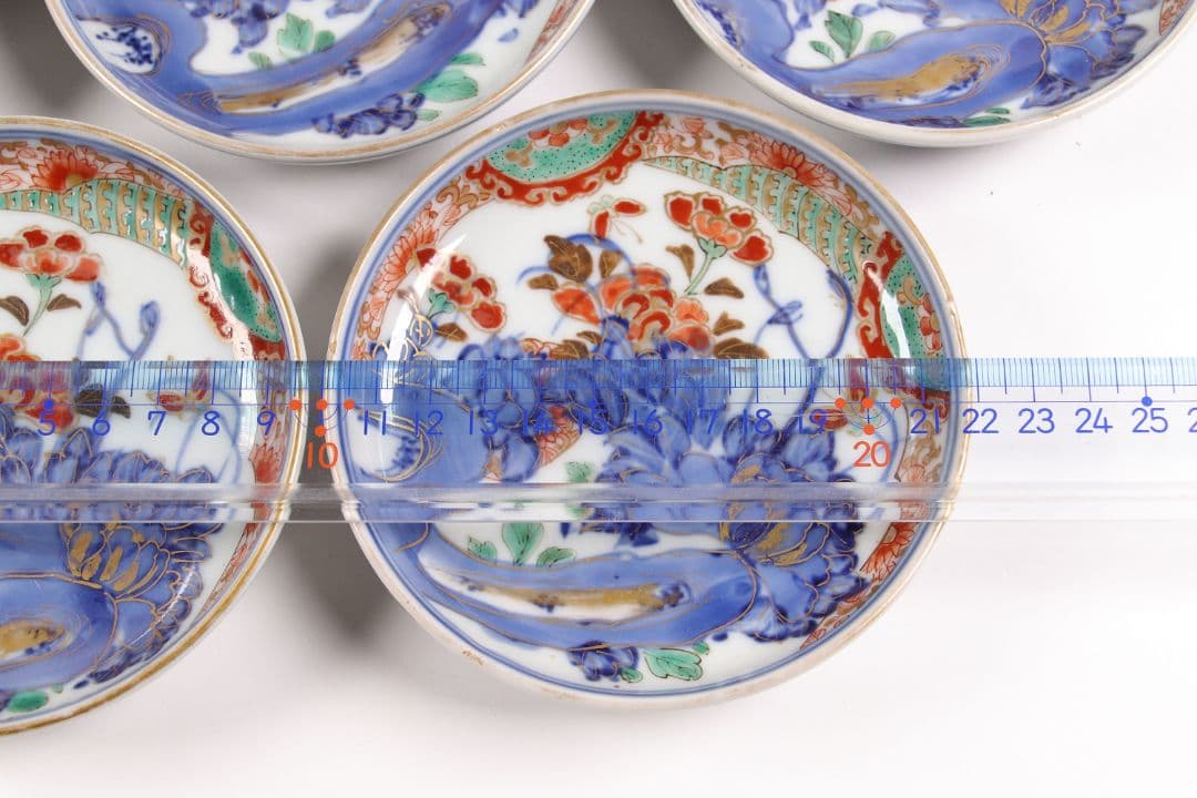 古伊万里 色絵小皿 五客 12cm 草花蝶牡丹 錦手 染錦 金彩 手塩 M858