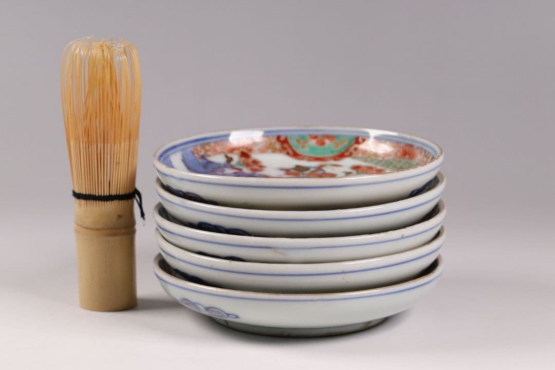 古伊万里 色絵小皿 五客 12cm 草花蝶牡丹 錦手 染錦 金彩 手塩 M858