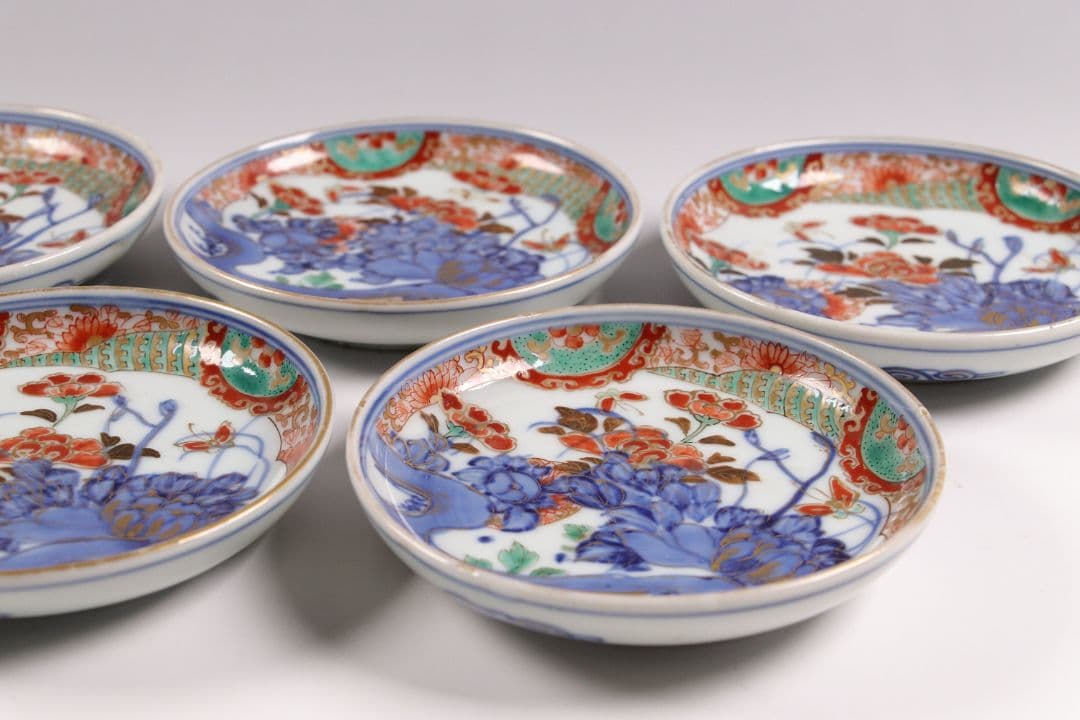 古伊万里 色絵小皿 五客 12cm 草花蝶牡丹 錦手 染錦 金彩 手塩 M858