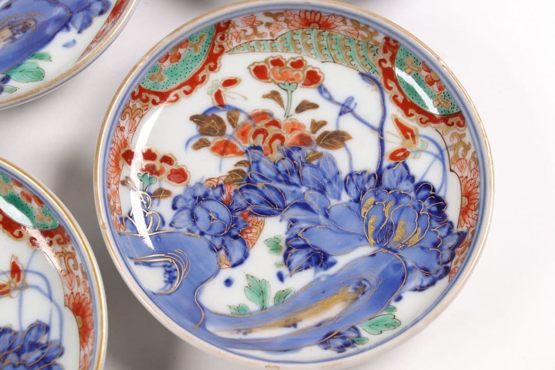 古伊万里 色絵小皿 五客 12cm 草花蝶牡丹 錦手 染錦 金彩 手塩 M858