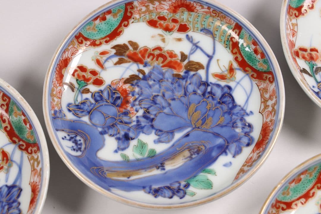 古伊万里 色絵小皿 五客 12cm 草花蝶牡丹 錦手 染錦 金彩 手塩 M858