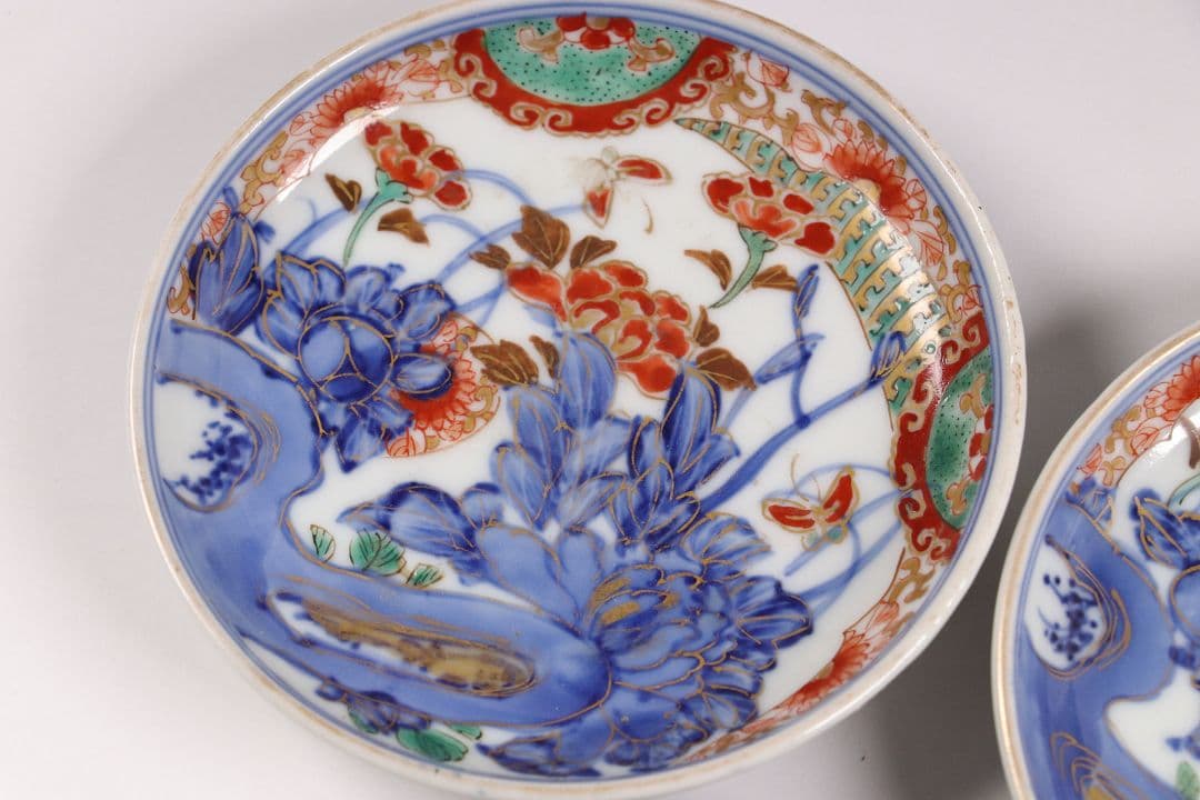 古伊万里 色絵小皿 五客 12cm 草花蝶牡丹 錦手 染錦 金彩 手塩 M858