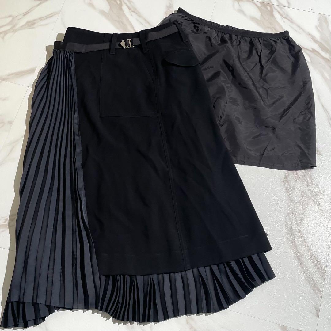 Sacai ブラック　ギャザー プリーツ切り替え アシンメトリースカート