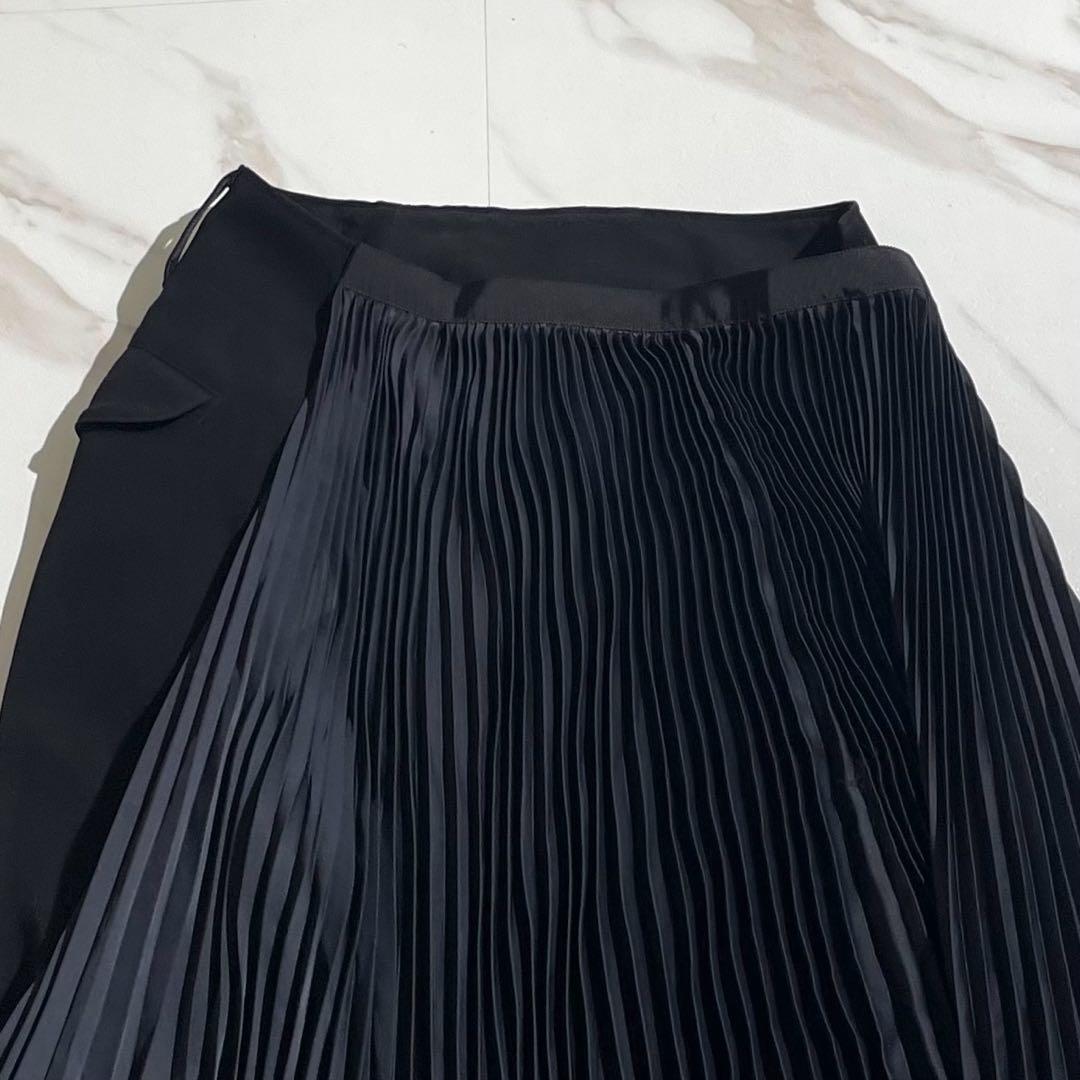 Sacai ブラック　ギャザー プリーツ切り替え アシンメトリースカート