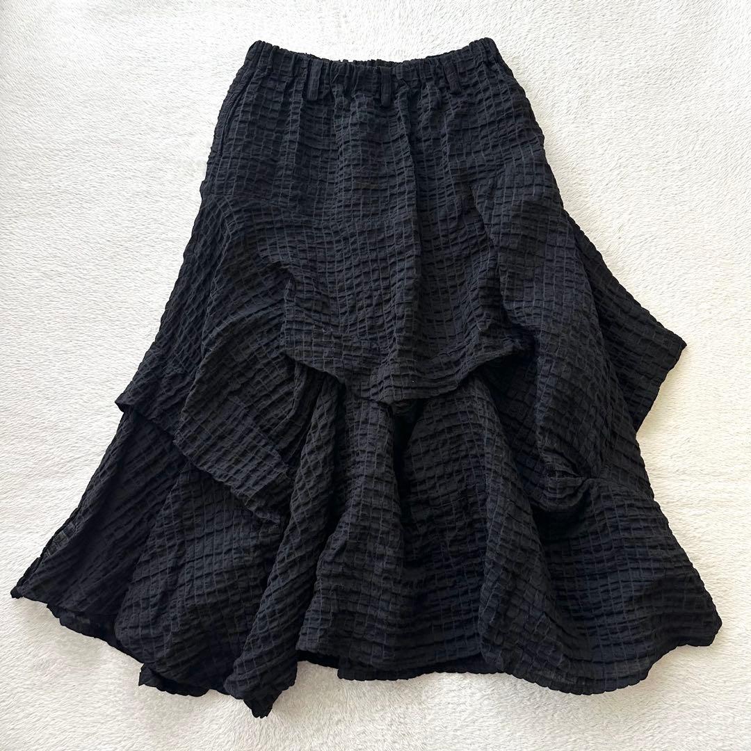 美品 萌 モユル 変形 リネン混 ワッフル スカート M〜L ブラック
