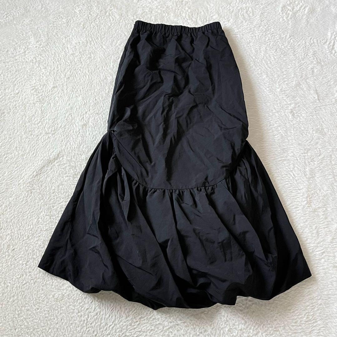 【ピヌエ】バルーンヘムスカート ロング ナイロン ウエストゴム 黒【M】美品