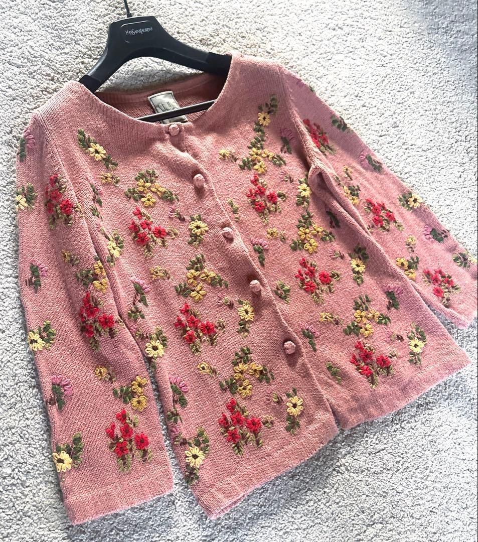 ◆Sybilla シビラ コットン リネン 花柄刺繍 カーディガン ピンク M