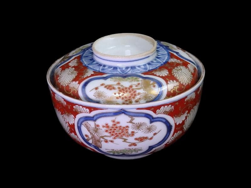 大聖寺伊万里　金襴手　窓絵　松竹梅の図　大振蓋茶碗　B094AS-DCc