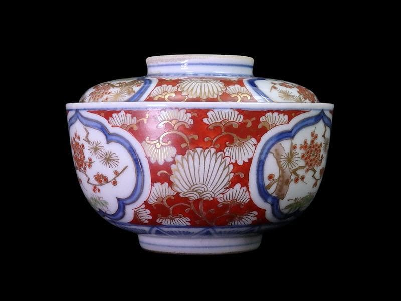 大聖寺伊万里　金襴手　窓絵　松竹梅の図　大振蓋茶碗　B094AS-DCc