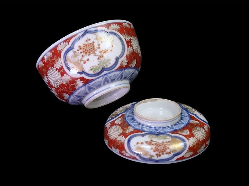 大聖寺伊万里　金襴手　窓絵　松竹梅の図　大振蓋茶碗　B094AS-DCc
