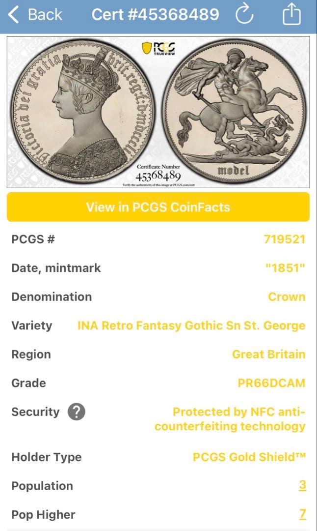 【PCGS PR66DCAM】1851年 ヴィクトリア ゴチッククラウン 錫製