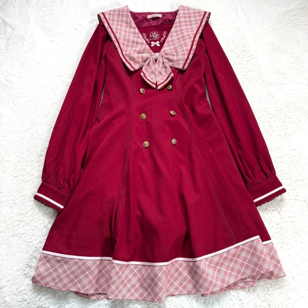 【美品】Amavel アマベル チェックリボン セーラーワンピース ボルドー