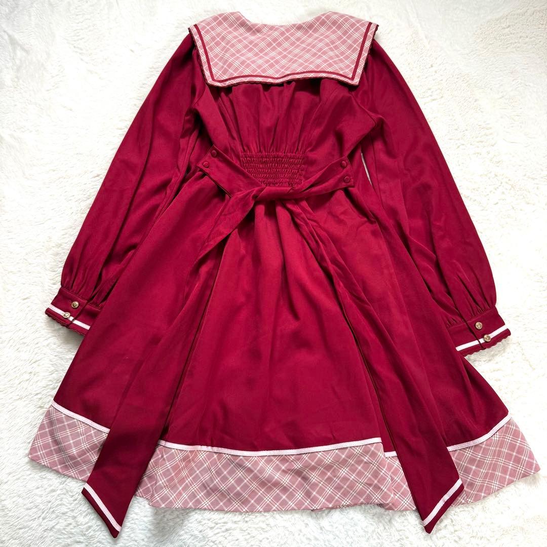 【美品】Amavel アマベル チェックリボン セーラーワンピース ボルドー