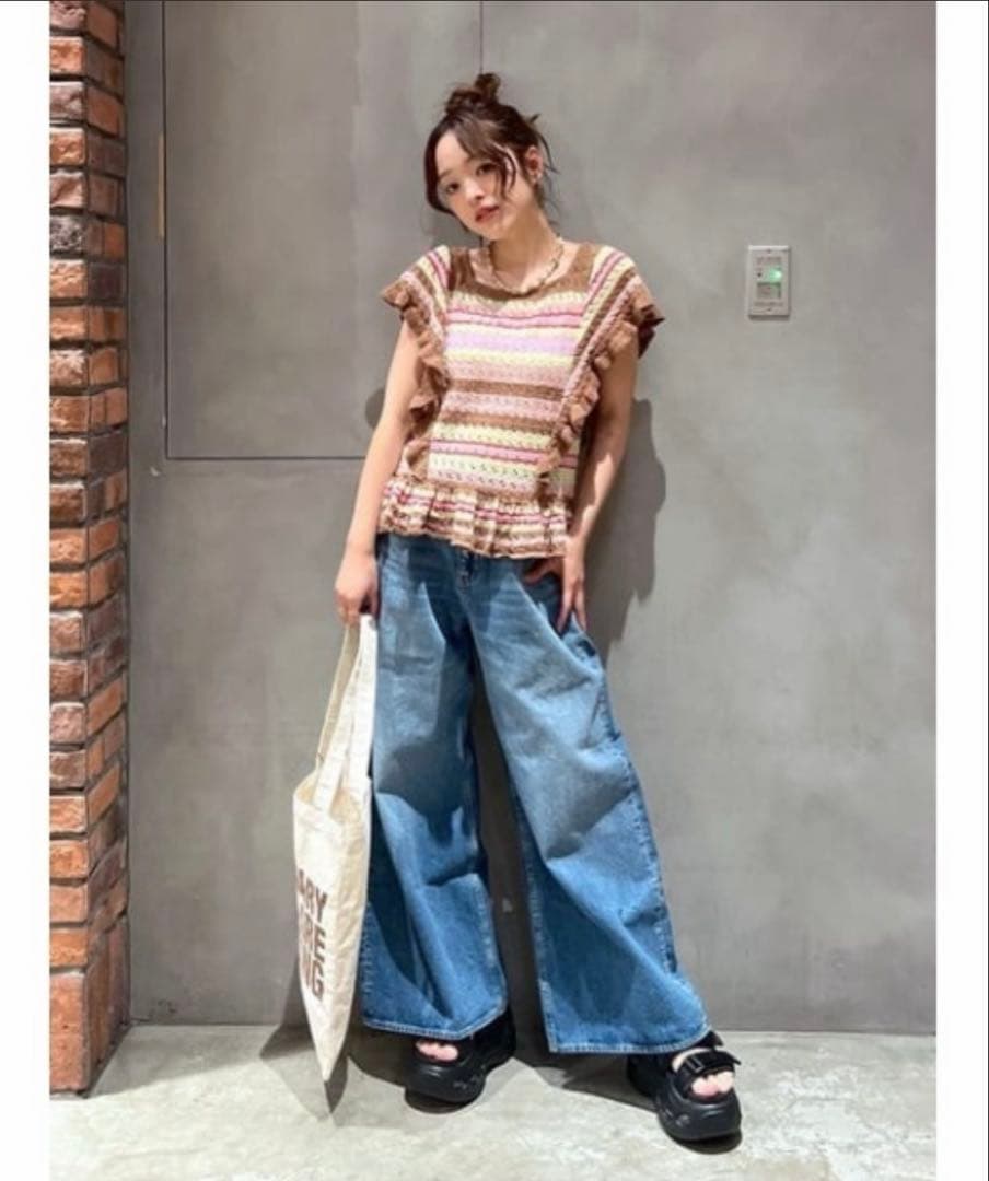 週末限定　可愛いリボン付きワイドレッグ大人気のデニムRODEO CROWNS新品