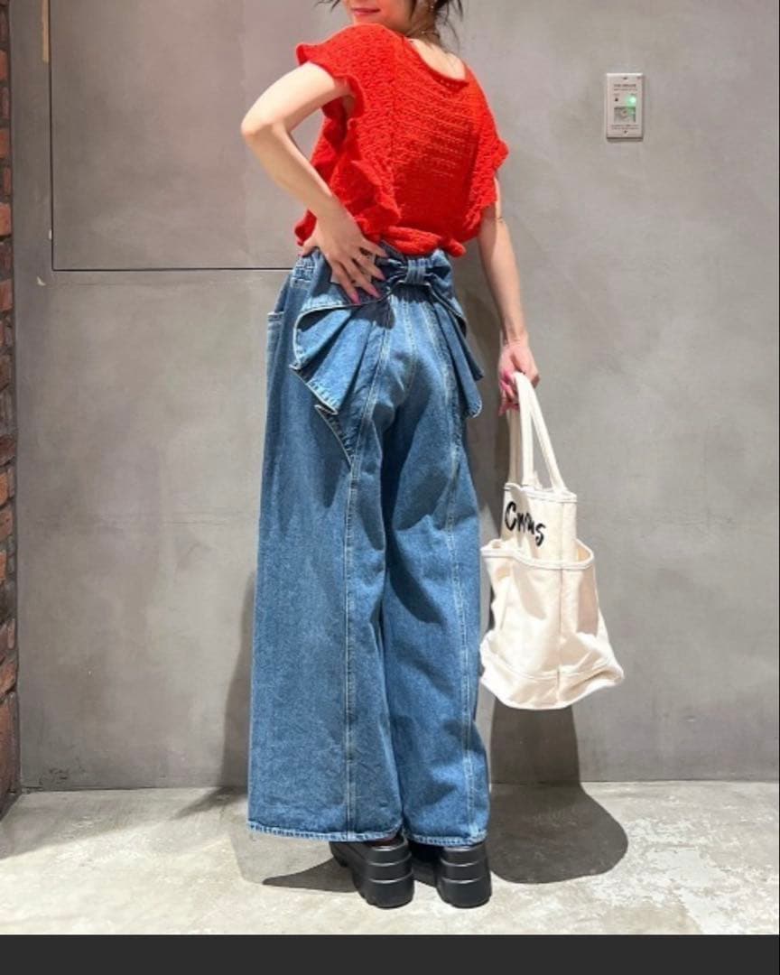 週末限定　可愛いリボン付きワイドレッグ大人気のデニムRODEO CROWNS新品