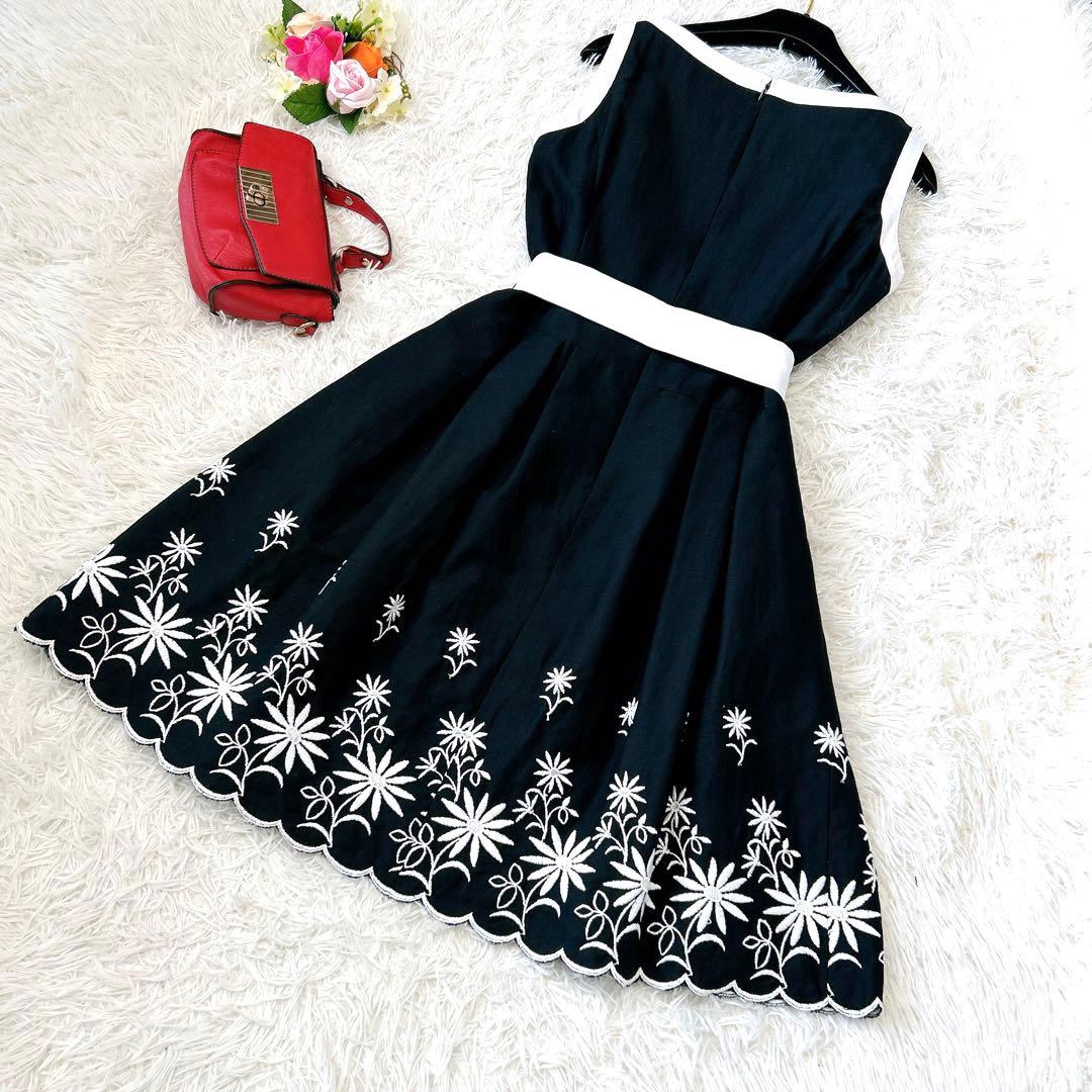 花刺繍✨上品 エムズグレイシー ノースリーブ 花ワンピース 鮮やか ブラック M