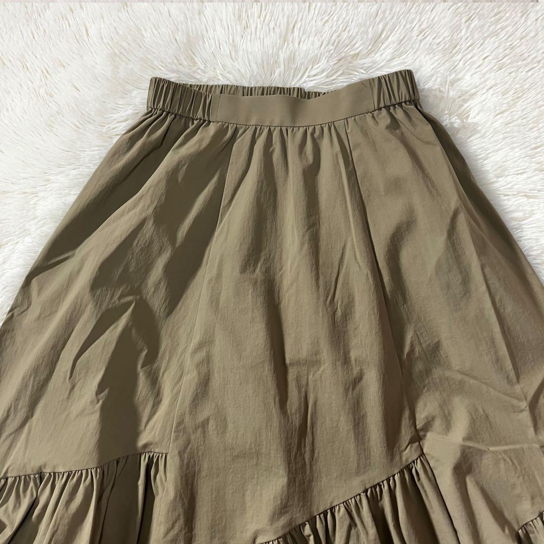 極美品 アルアバイル バイヤス切替えギャザースカート ロング フレア カーキ
