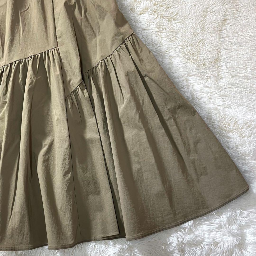 極美品 アルアバイル バイヤス切替えギャザースカート ロング フレア カーキ