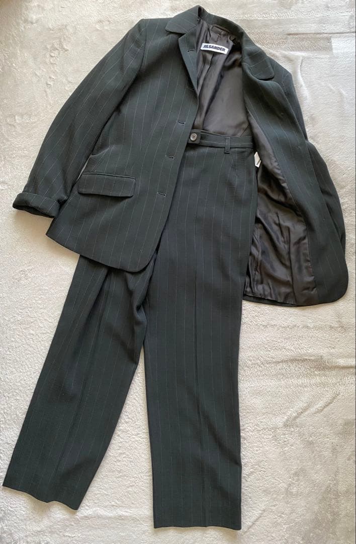 特価❤︎パンツスーツ ❤︎JIL SANDER❤︎墨黒x茶系ストライプ ダブル袖