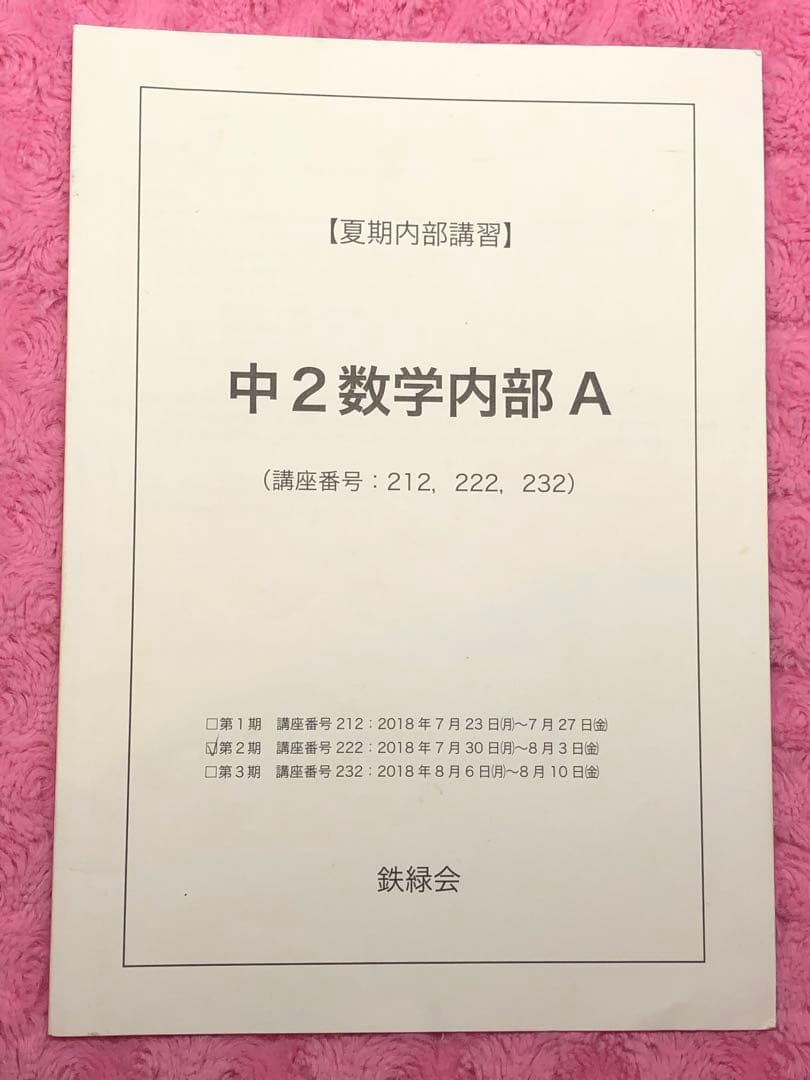 【フルセット独学可能】鉄緑会　中2 数学　テキスト・ノート・プリント・講習等