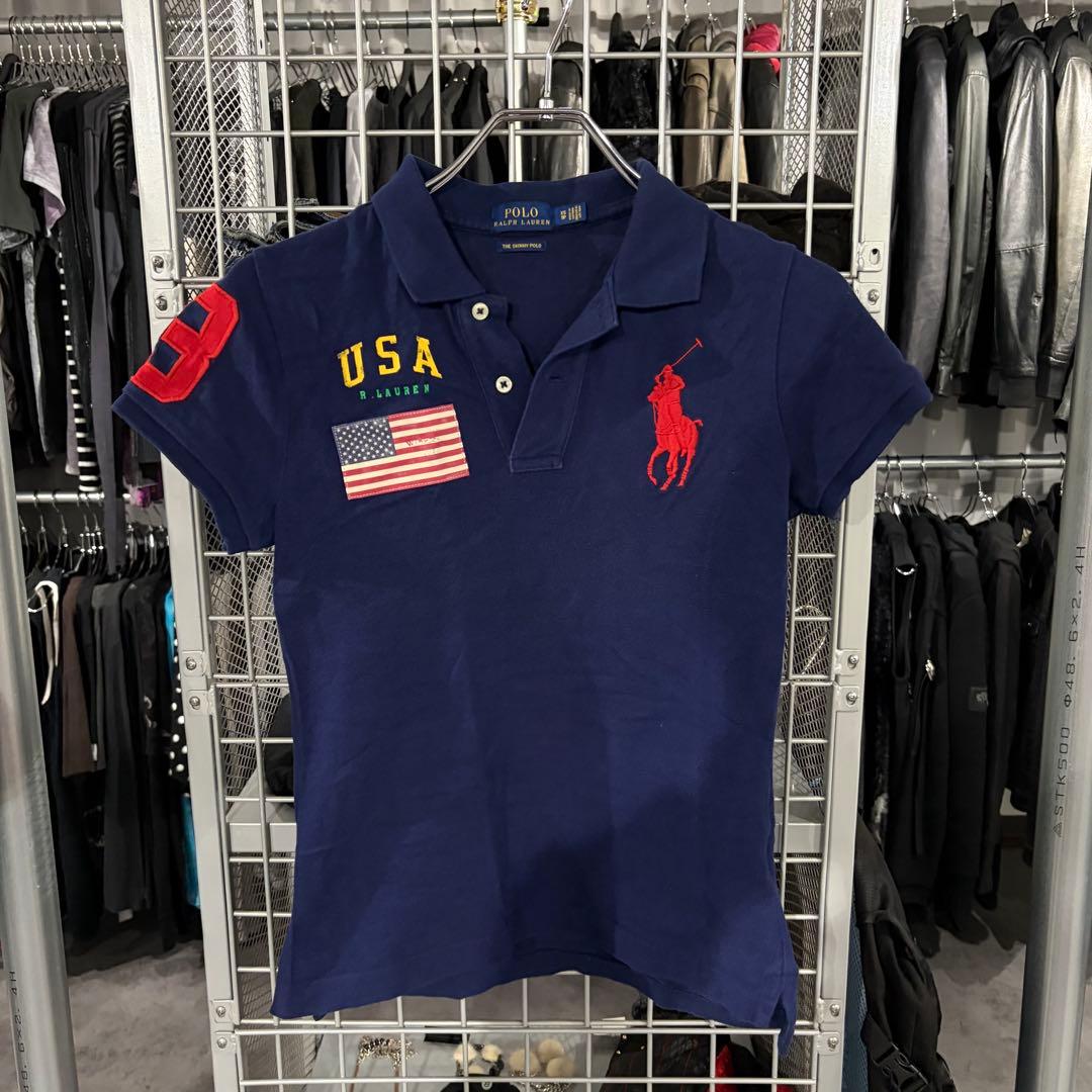 ラルフローレン　ポロシャツ　ビックポニー　Y2K 刺繍　polo ネイビー　国旗