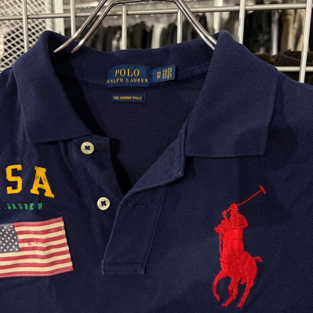 ラルフローレン　ポロシャツ　ビックポニー　Y2K 刺繍　polo ネイビー　国旗