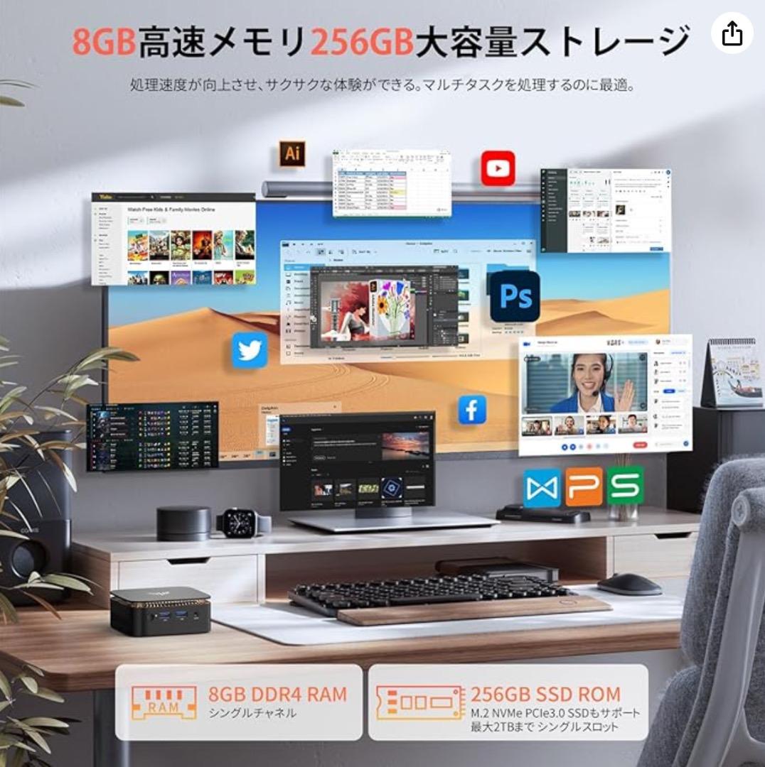 ミニpc N150 ミニパソコン Win11 8GB DDR4 256GB