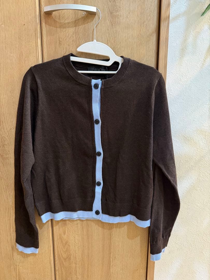 【新品未使用】ZARA コントラストニットカーディガン　M ブラウン×ブルー