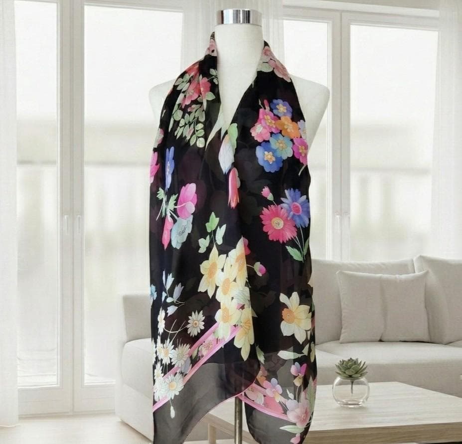 極美品　黒　近年 華やかな花柄　レオナール ストール スカーフ LEONARD