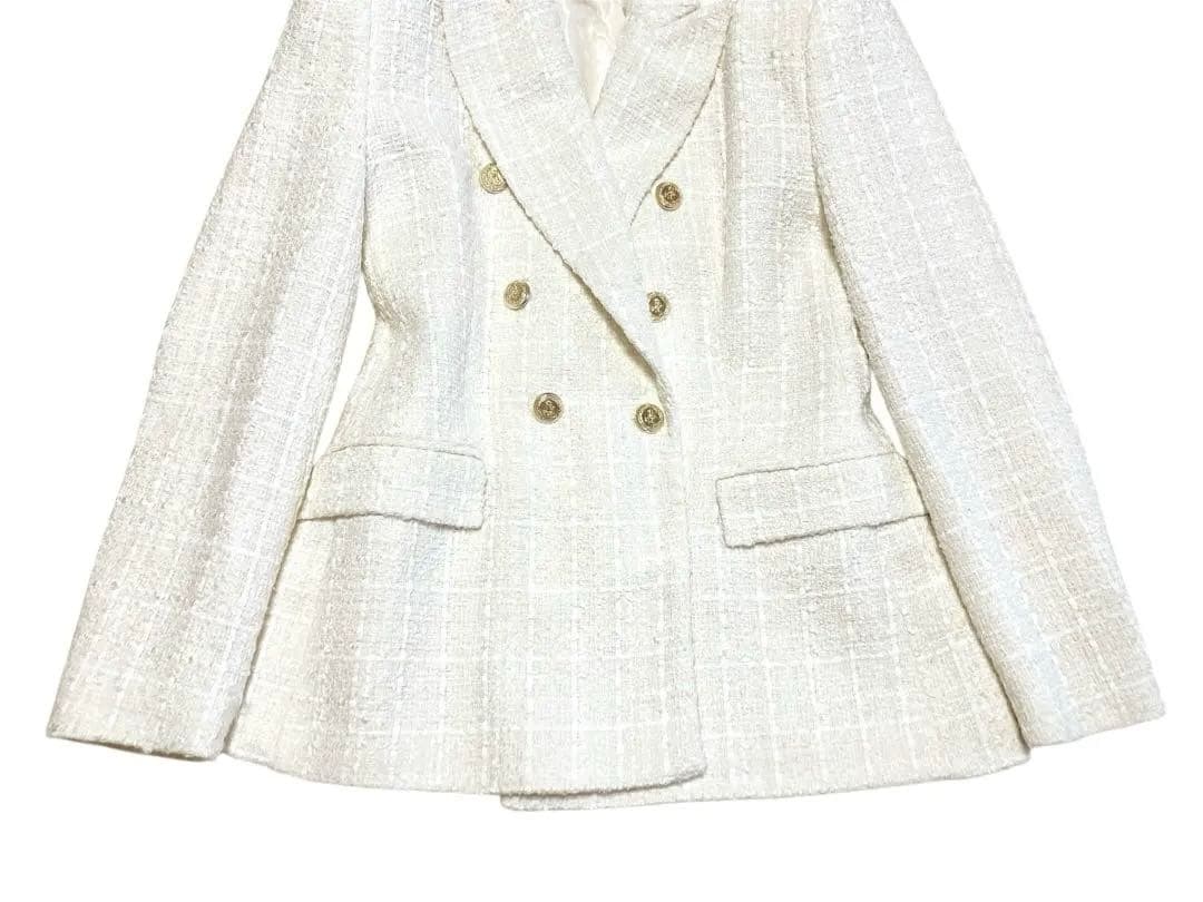 ZARA テクスチャーダブルブレストブレザー ツイード ジャケット 金ボタン 白