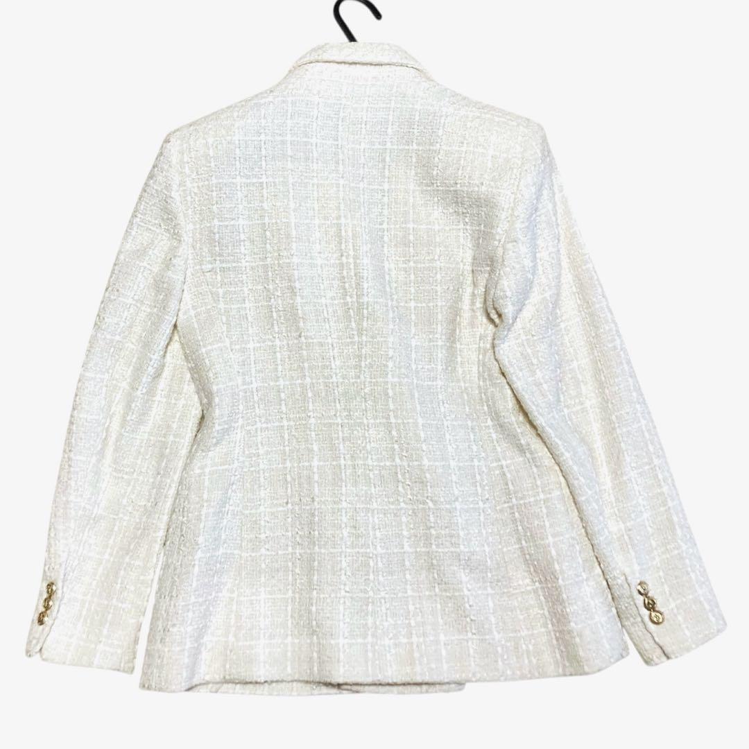 ZARA テクスチャーダブルブレストブレザー ツイード ジャケット 金ボタン 白