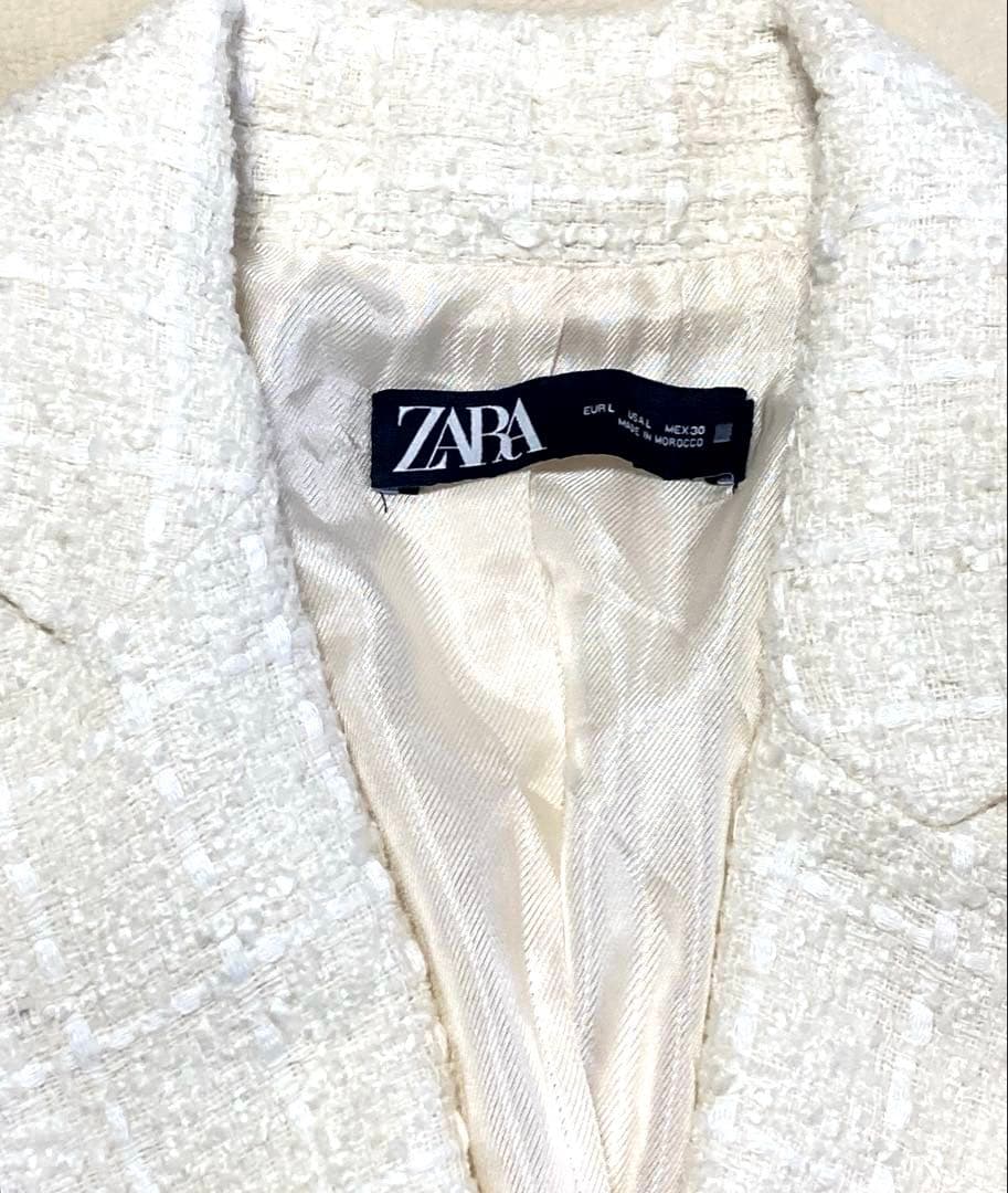 ZARA テクスチャーダブルブレストブレザー ツイード ジャケット 金ボタン 白
