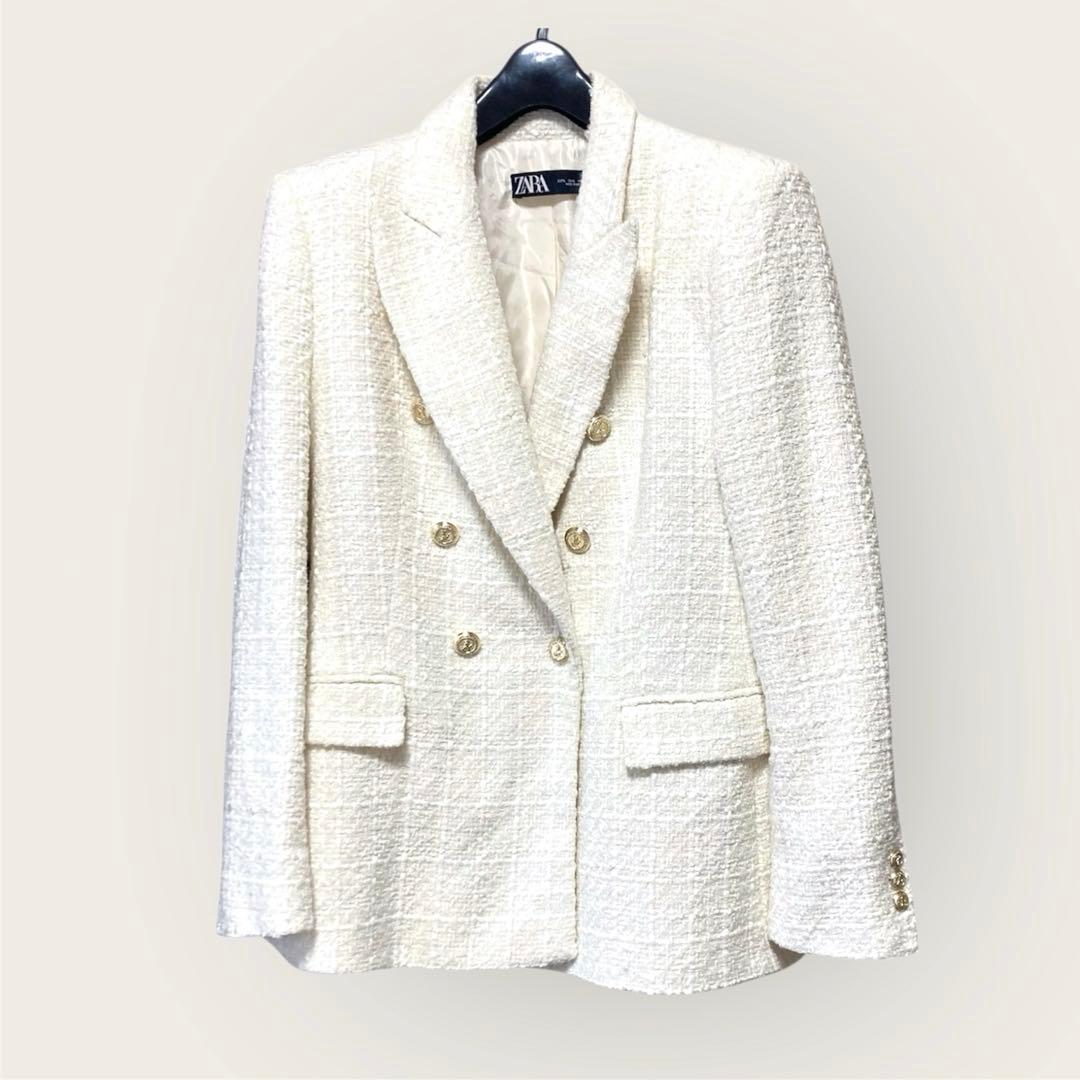 ZARA テクスチャーダブルブレストブレザー ツイード ジャケット 金ボタン 白