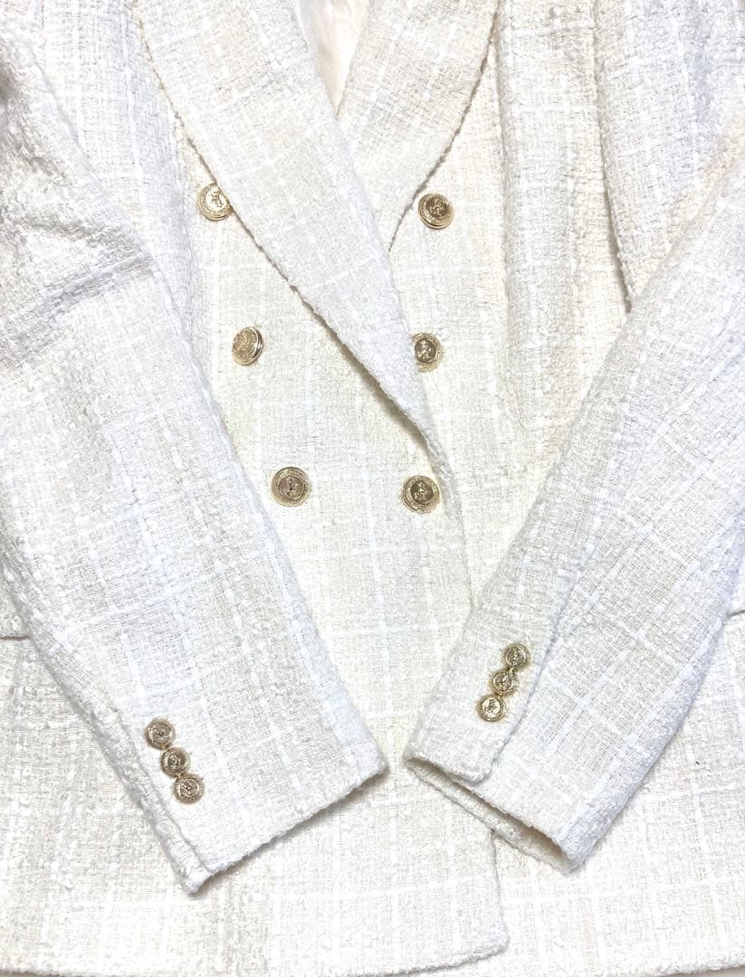 ZARA テクスチャーダブルブレストブレザー ツイード ジャケット 金ボタン 白