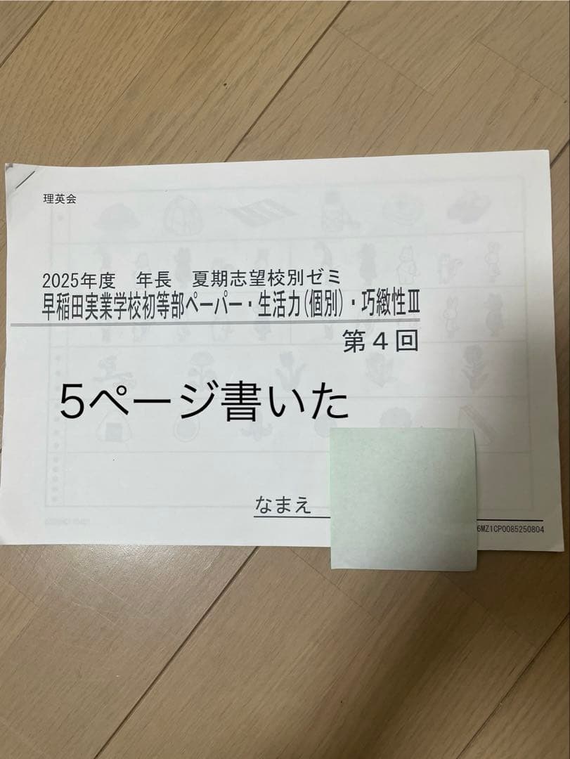 理英会2025年度年長　早稲田実業初等部ペーパー・生活・巧緻性　夏期志望校別ゼミ