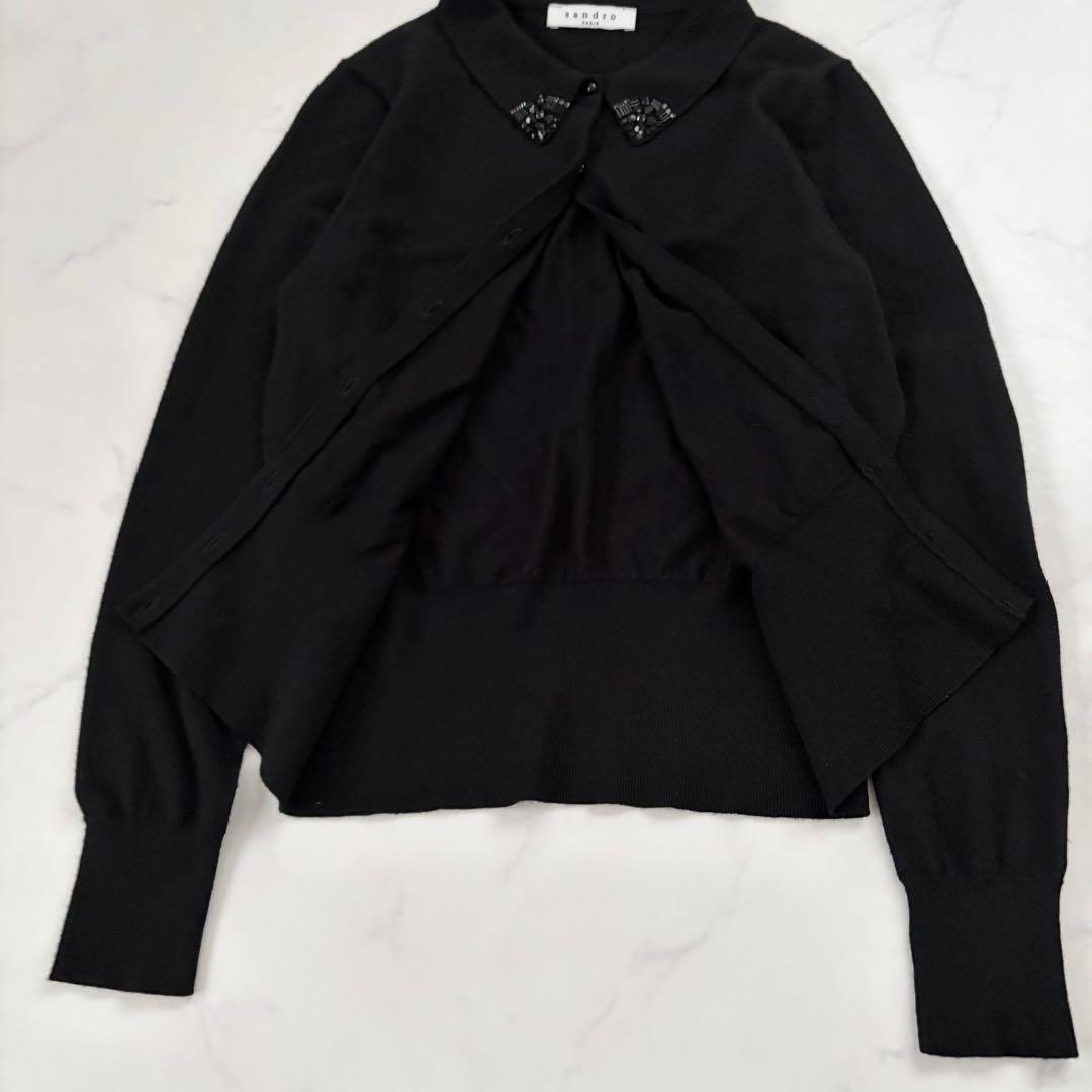 Sandro Paris サンドロ ビジュー襟 ニットカーディガン ブラック