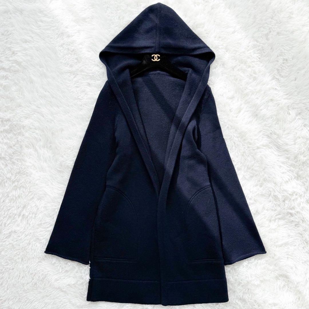 FOXEY カシミヤ100% ロングガウンコート フード付カーディガン ネイビー