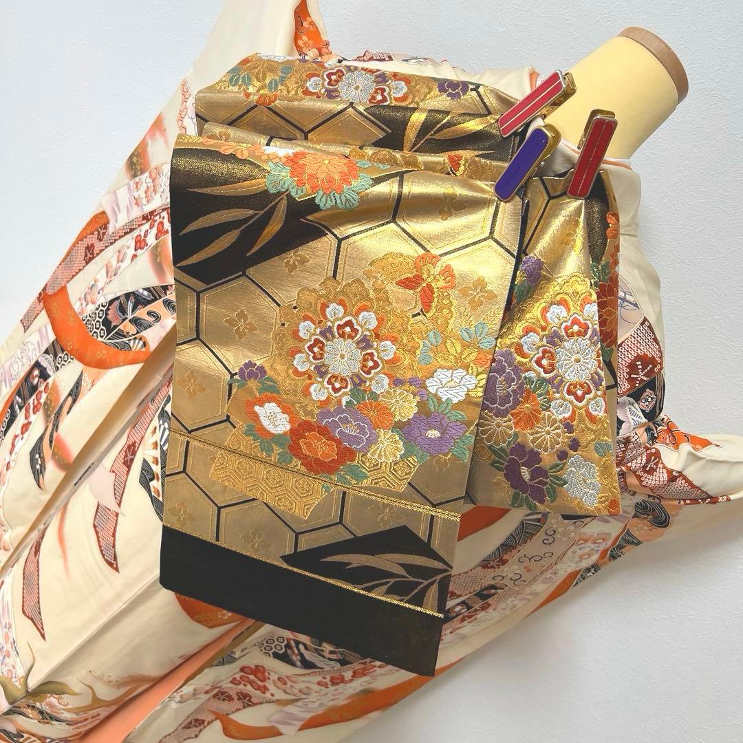 412 振袖フルセット 正絹 クリーム 橙 きものやまと 金彩 暈し染め