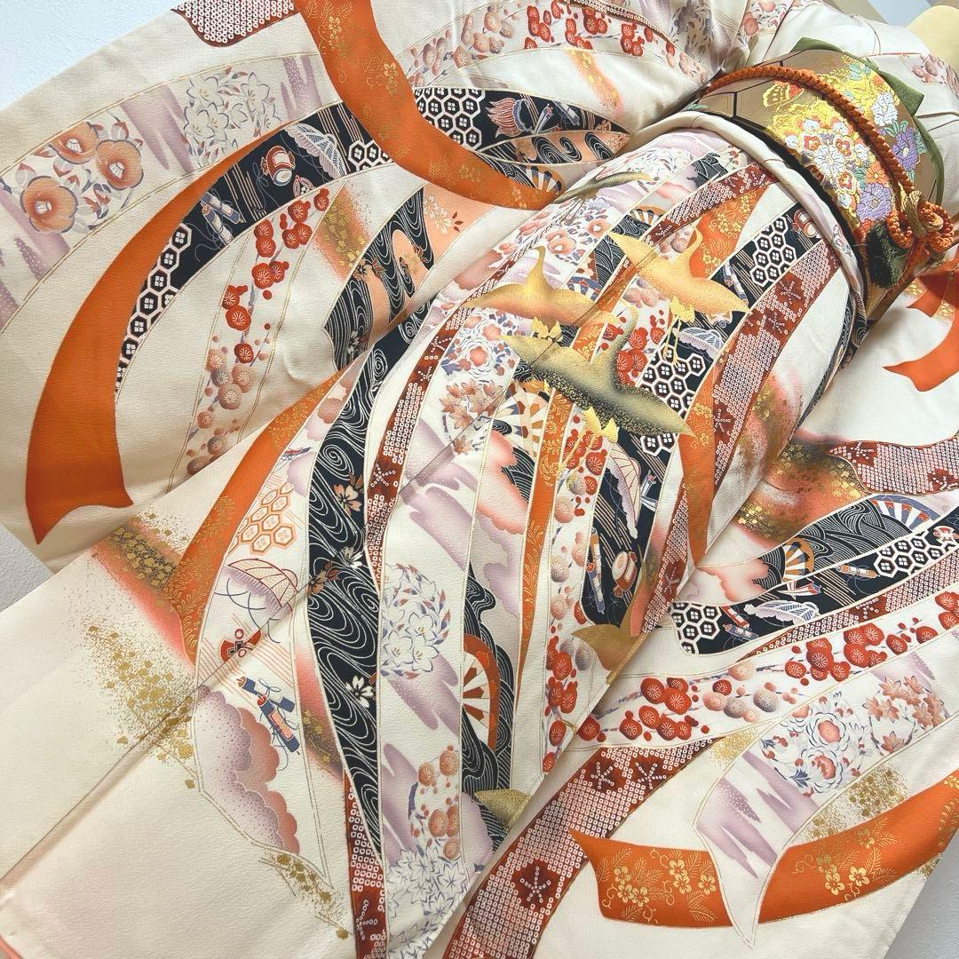 412 振袖フルセット 正絹 クリーム 橙 きものやまと 金彩 暈し染め
